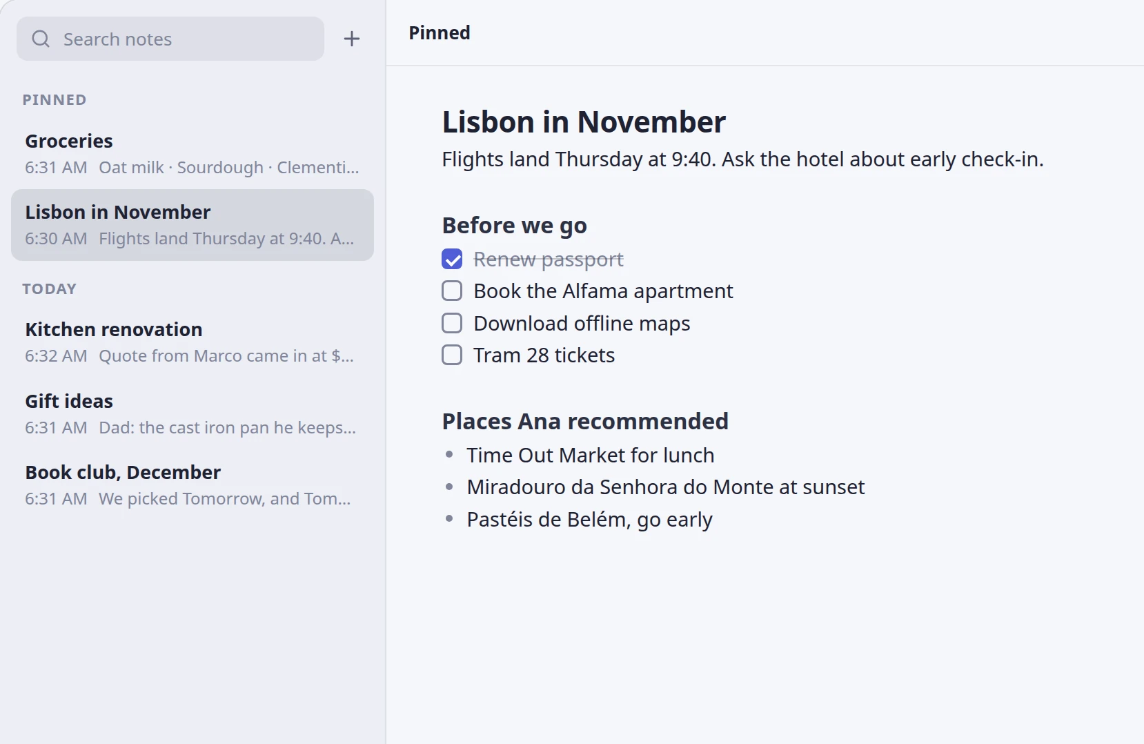 Nokto on Linux showing a note called Lisbon in November with a checklist